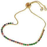 Gold Multi-Color Round CZ Stone Bezel Adjustable Pull Tie Bracelet