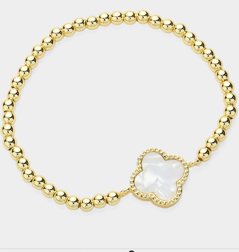 Gold Quatrefoil Pointed Stainless Steel Ball Beaded Stretch Bracelet