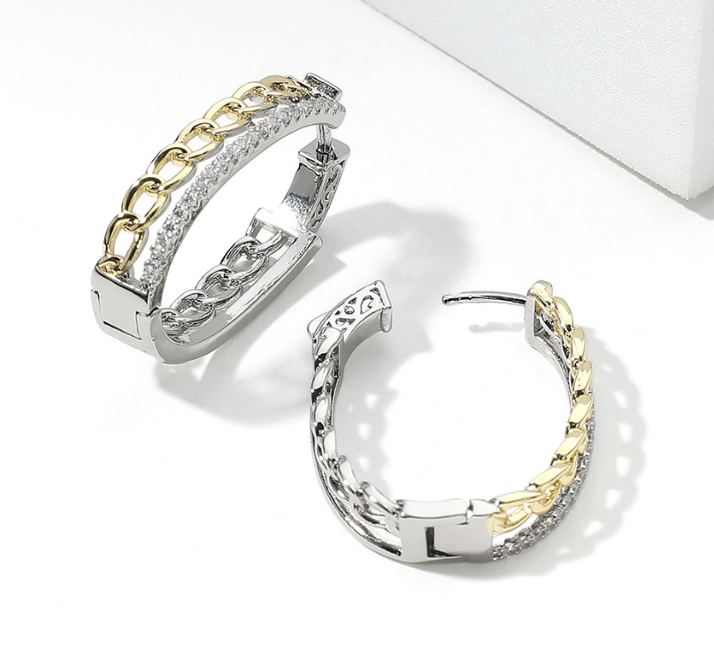 14K Gold Plated Two Tone CZ Stone Paved Chain Huggie Hoop Earrings