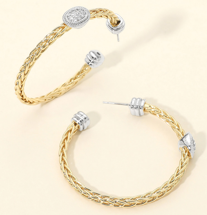 14K Gold Plated Two Tone Oval CZ Pave Accent Braided Hoop Earrings
