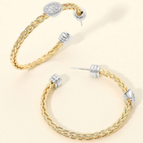 14K Gold Plated Two Tone Oval CZ Pave Accent Braided Hoop Earrings