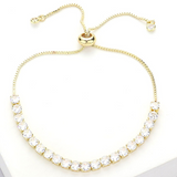 Gold Stainless Steel Round CZ Stone Tennis Chain Pull Tie Adjustable Bracelet