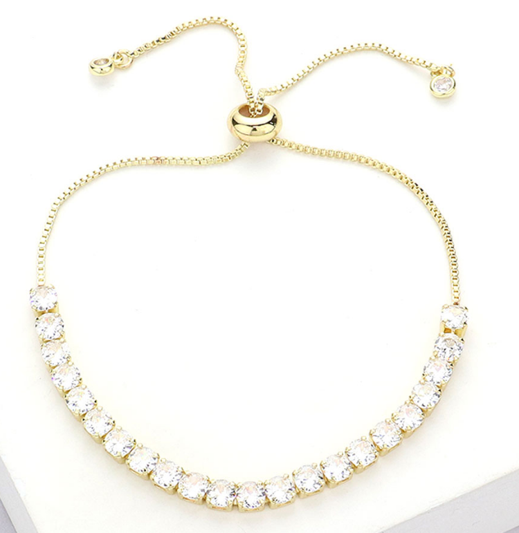 Gold Stainless Steel Round CZ Stone Tennis Chain Pull Tie Adjustable Bracelet