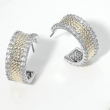 14K Gold Plated Two Tone CZ Stone Rim Textured Hoop Earrings
