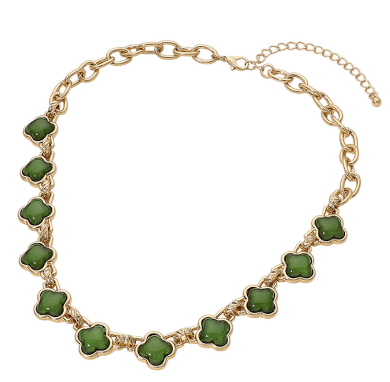 Green Bold Quatrefoil Stone Link Necklace