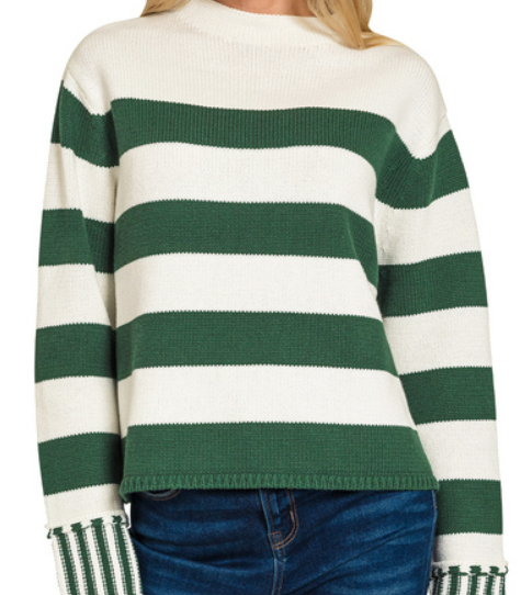 Green and White Striped Boxy Sweater