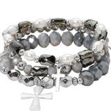 Grey & Silver 3-Piece Cross Charm Pearl Faceted Beaded Stretch Multi Layered Bracelets