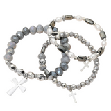 Grey & Silver 3-Piece Cross Charm Pearl Faceted Beaded Stretch Multi Layered Bracelets
