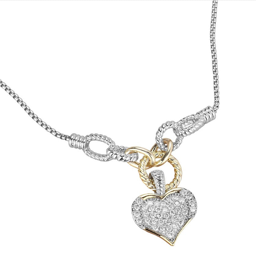 14K Gold Plated Two Tone CZ Stone Paved Heart Pendant Necklace