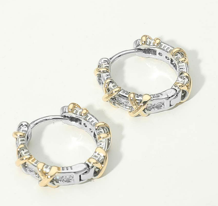 14K Gold Plated Crisscross Accent CZ Pave Huggie Hoop Earrings