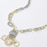 14K Gold Plated Two Tone CZ Stone Paved Cluster Accent Open Clover Stone Cluster Horsebit Charm Pendant Necklace