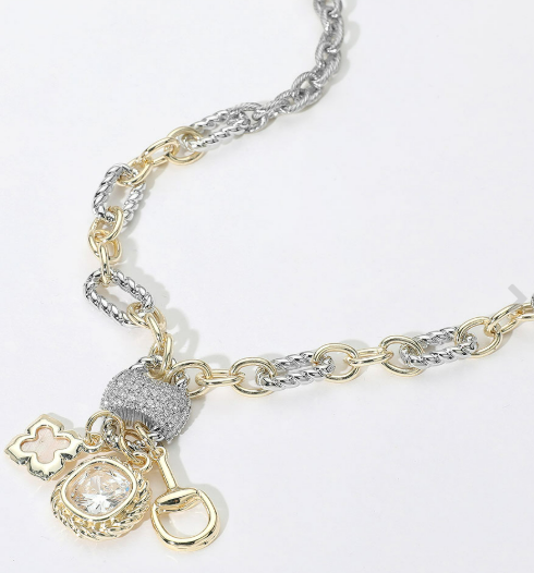 14K Gold Plated Two Tone CZ Stone Paved Cluster Accent Open Clover Stone Cluster Horsebit Charm Pendant Necklace