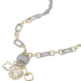 14K Gold Plated Two Tone CZ Stone Paved Cluster Accent Open Clover Stone Cluster Horsebit Charm Pendant Necklace