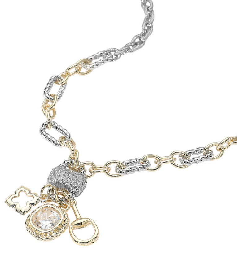 14K Gold Plated Two Tone CZ Stone Paved Cluster Accent Open Clover Stone Cluster Horsebit Charm Pendant Necklace