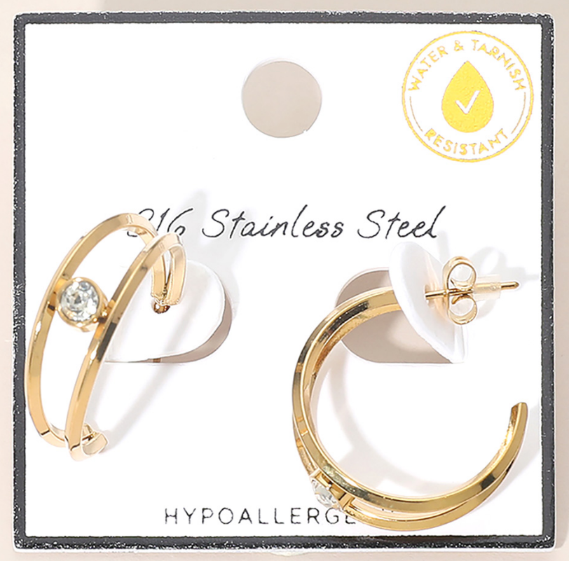 Gold Stainless Steel Stone Accent Double Hoop Earrings