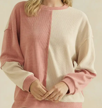 Raw Edge Colorblock Soft Corduroy Relaxed Blush & Ivory Pullover