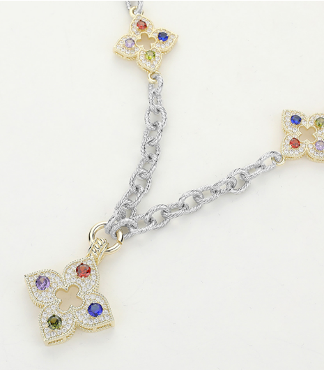 14K Gold Plated Two Tone CZ Stone Paved Clover Pointed Chunky Chain Necklace