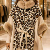 Plush Khaki Faux Fur Trim Leopard Print Belted Winter Poncho