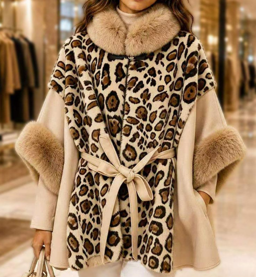 Plush Khaki Faux Fur Trim Leopard Print Belted Winter Poncho