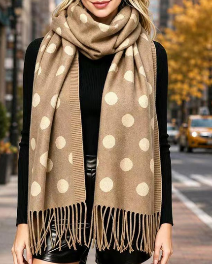 Khaki Polka Dot Pattern Fringe Scarf