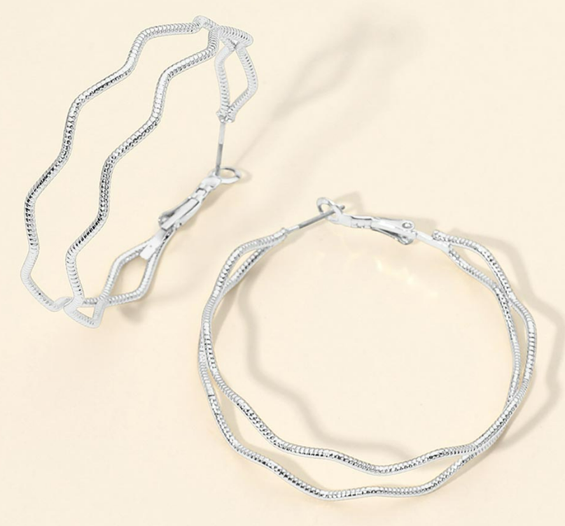 Silver Dipped Sculptural Wavy Metal Large Hoop Earrings