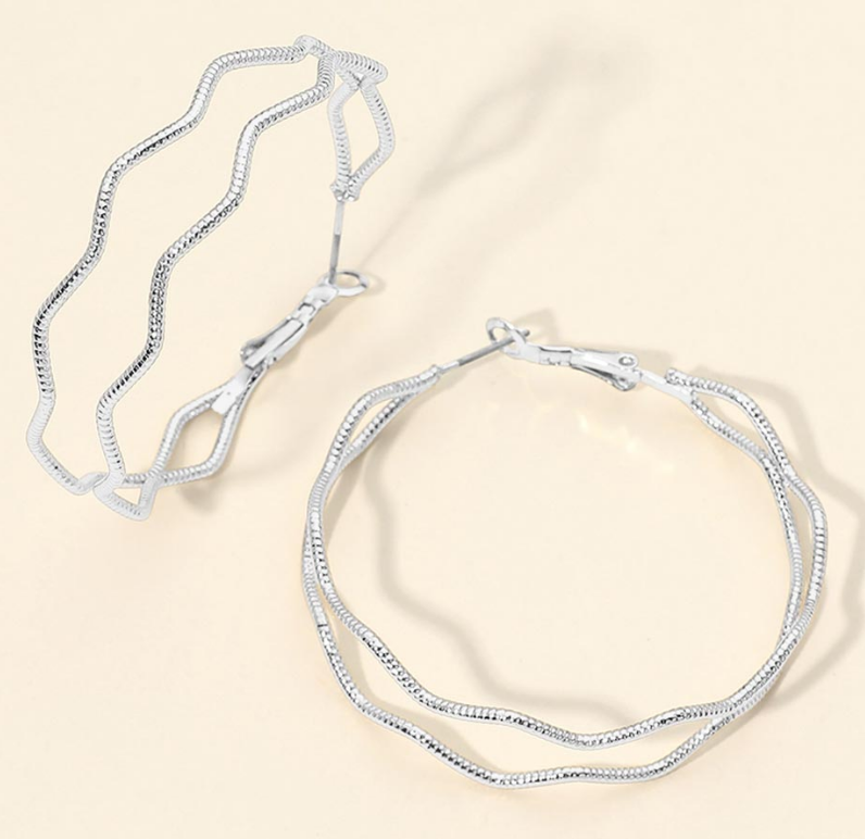 Silver Dipped Sculptural Wavy Metal Medium Hoop Earrings