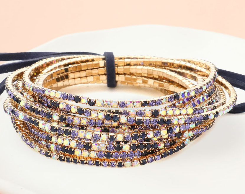 Lavender & Blue Ribbon Colorful Rhinestone Layered  Stretch Bracelets