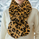Pearl Embellished Leopard Patterned Faux Fur Pom Pom Pull Through Scarf