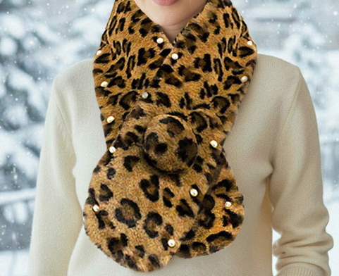 Pearl Embellished Leopard Patterned Faux Fur Pom Pom Pull Through Scarf