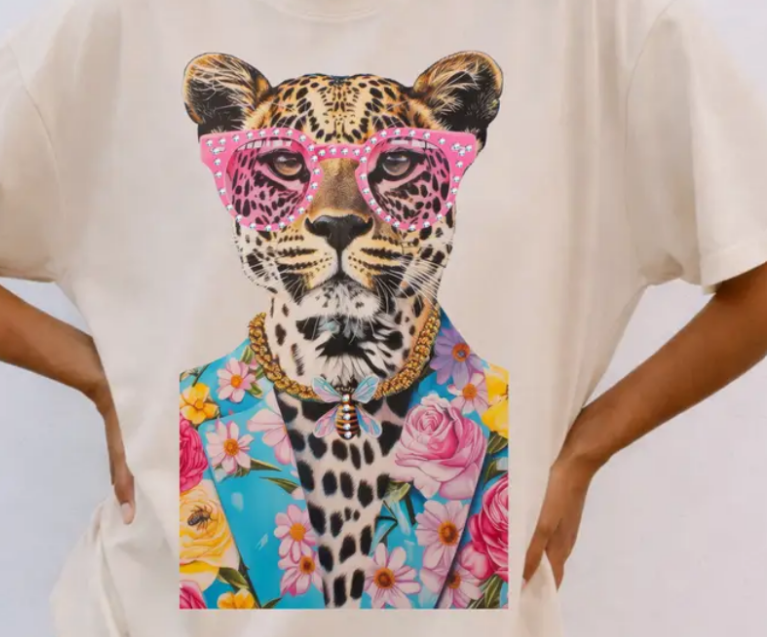 Blinged Out Leopard in Bee Suit Cream Graphic Tee