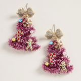 Pink  Whimsical Pearl Bow Snowflake Charm Tinsel Christmas Tree Dangle Earrings