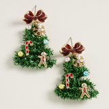 Green Whimsical Pearl Bow Snowflake Charm Tinsel Christmas Tree Dangle Earrings