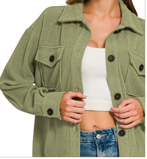 Light Olive Ultra Soft Oversize Basic Fleece Shacket