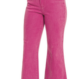 Acid Wash High-Waist Frayed Hem Bootcut Pants in Magenta