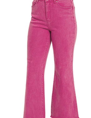 Acid Wash High-Waist Frayed Hem Bootcut Pants in Magenta