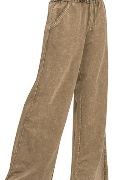 Army Green Washed French Terry Wide-Leg Sweatpants