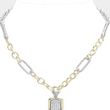 14K Gold Plated CZ Stone Paved Square Pendant Necklace