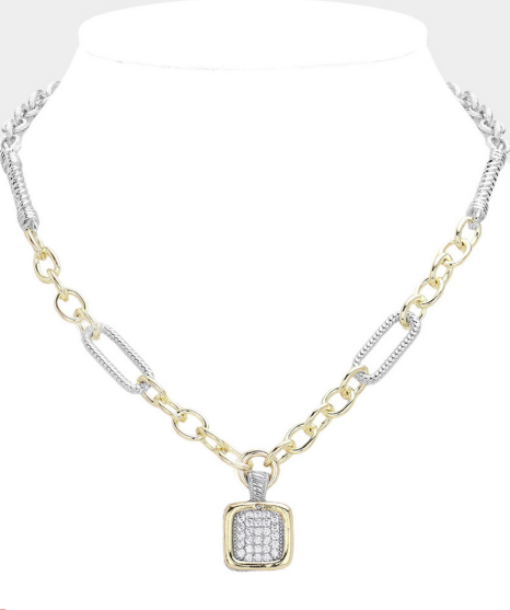 14K Gold Plated CZ Stone Paved Square Pendant Necklace
