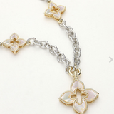 14K Gold Plated Mother Of Pearl Clover Pendant Station Necklace