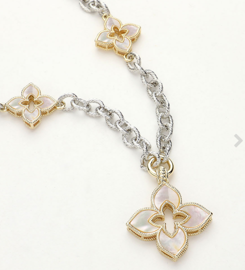 14K Gold Plated Mother Of Pearl Clover Pendant Station Necklace