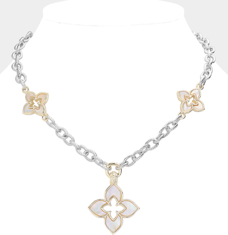14K Gold Plated Mother Of Pearl Clover Pendant Station Necklace