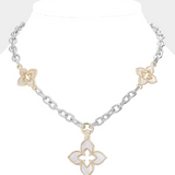 14K Gold Plated Mother Of Pearl Clover Pendant Station Necklace