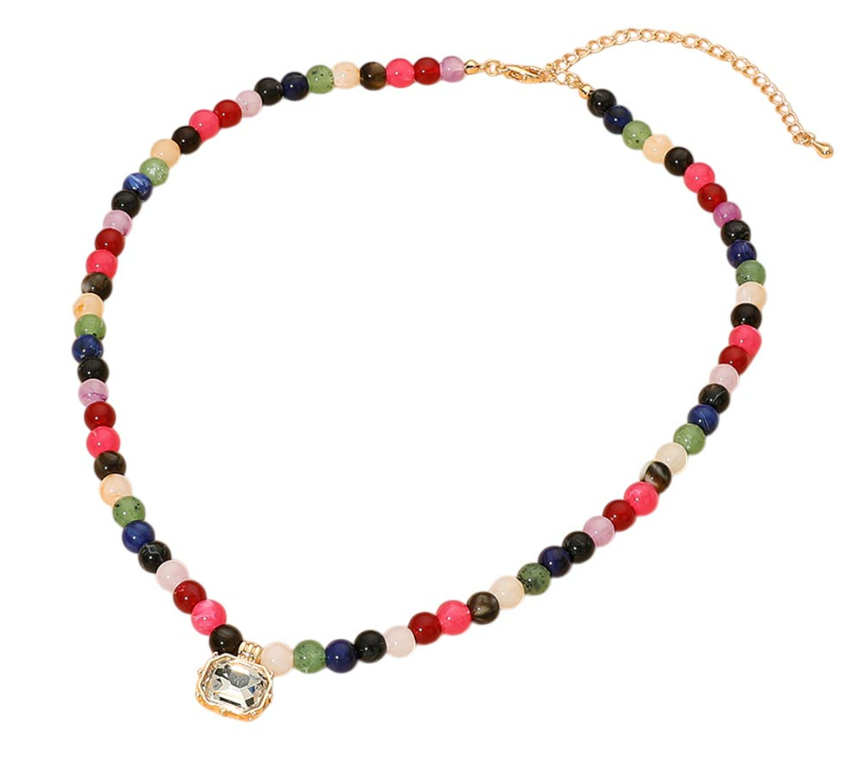 Faceted Rectangular Pendant Accent Round Beaded Necklace