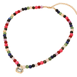 Faceted Rectangular Pendant Accent Round Beaded Necklace
