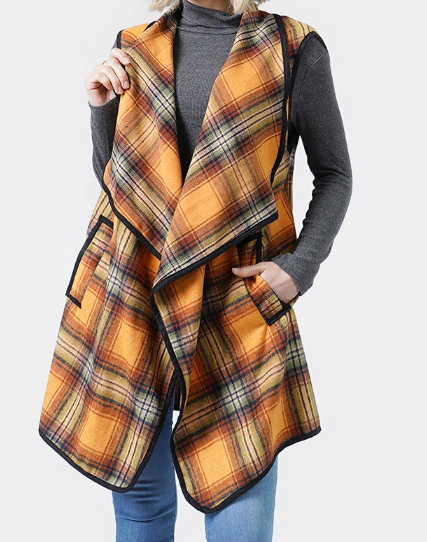 Mustard Plaid Check Vest With Pocket