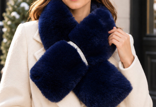 Navy Faux Fur Bling Pull Through Scarf