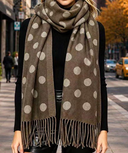 Olive Polka Dot Pattern Fringe Scarf