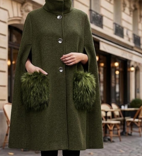 Elegant Faux Fur Pocket Cape Coat Poncho