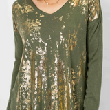 Olive V-Neck Gold Foil Sweater