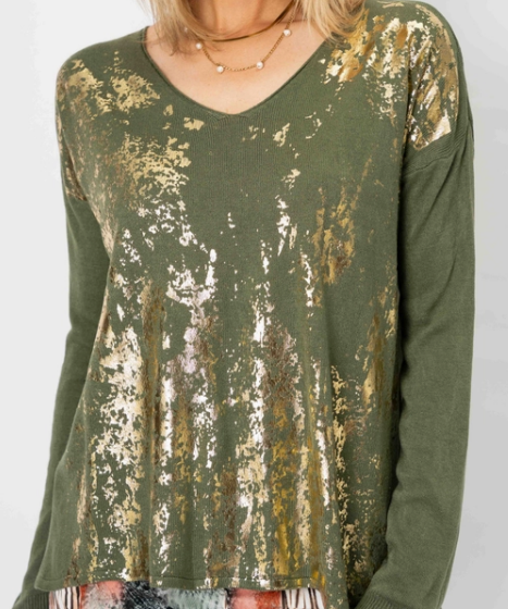 Olive V-Neck Gold Foil Sweater